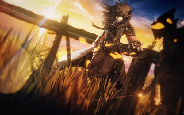 Video game Dungeon Fighter Online HD PC wallpaper: elf at sunrise, blade in hand perched on a fence amid glowing tall grass and warm golden light.