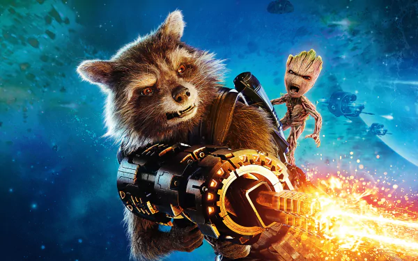 4K Ultra HD desktop wallpaper featuring Rocket Raccoon and Groot from the movie Guardians of the Galaxy Vol. 2 in an action-packed space scene.