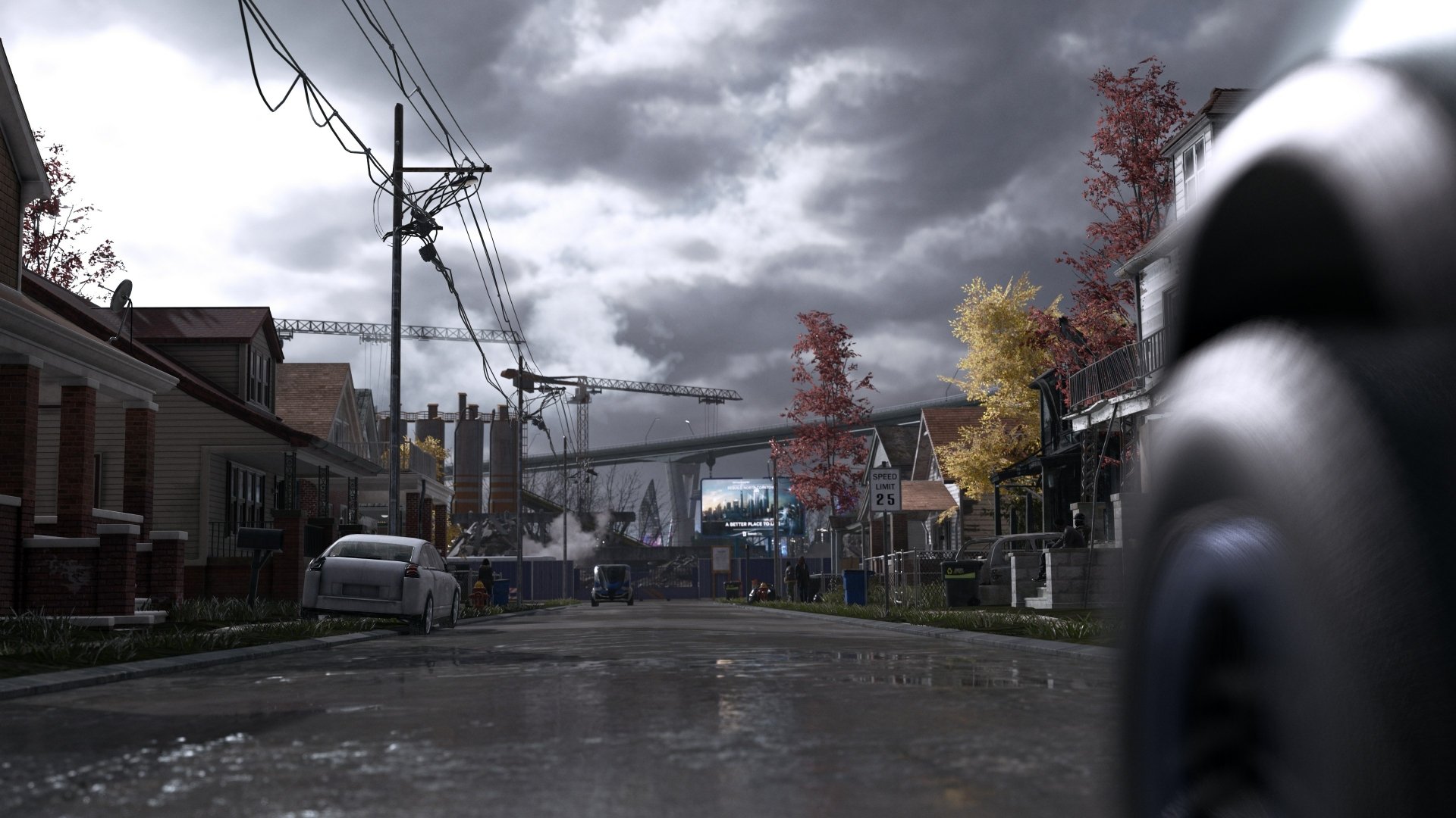 4K Ultra HD PC desktop wallpaper: rainy suburban Detroit street from Detroit: Become Human, wet asphalt reflecting an overcast sky, autumn trees, powerlines and a distant city skyline.