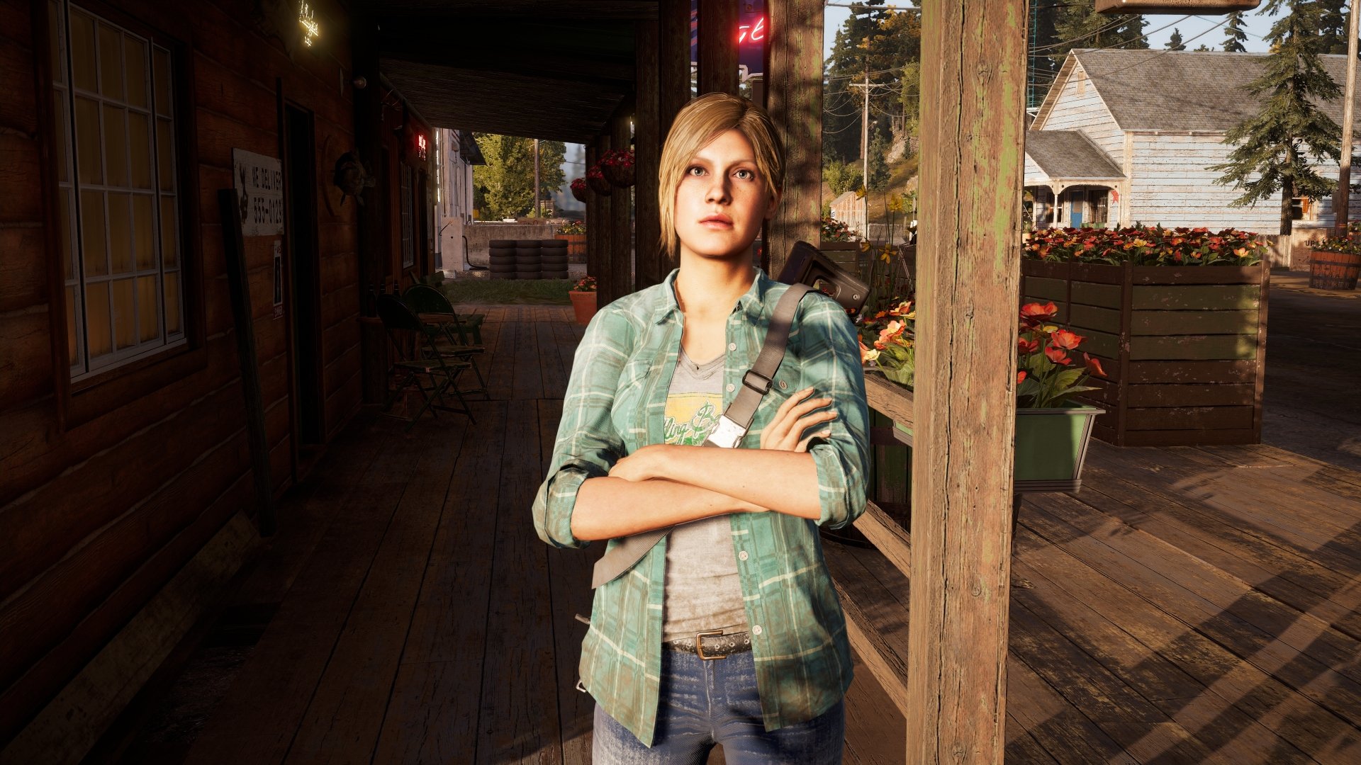 4K Ultra HD PC wallpaper featuring a character from the video game Far Cry 5 standing on a wooden porch with a rural background.