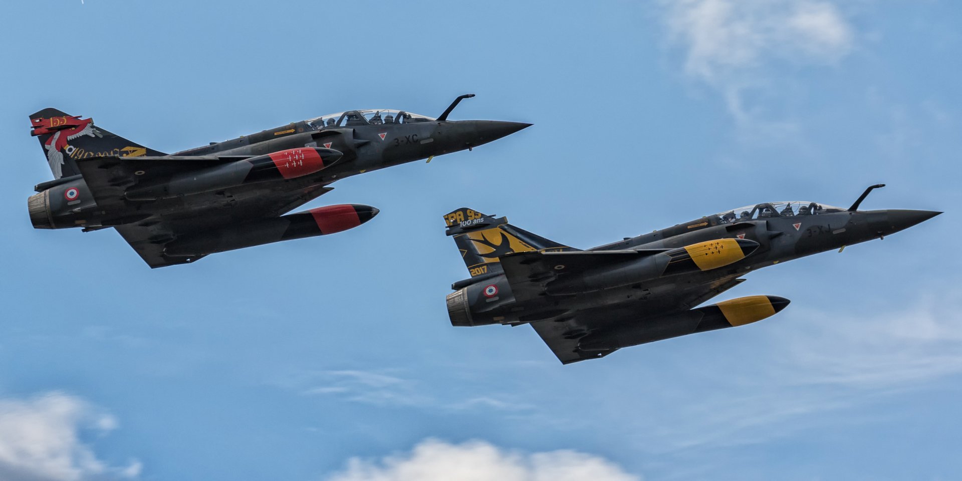Two Dassault Mirage 2000 jet fighters soar in formation against a blue sky — military warplanes HD PC desktop wallpaper background.