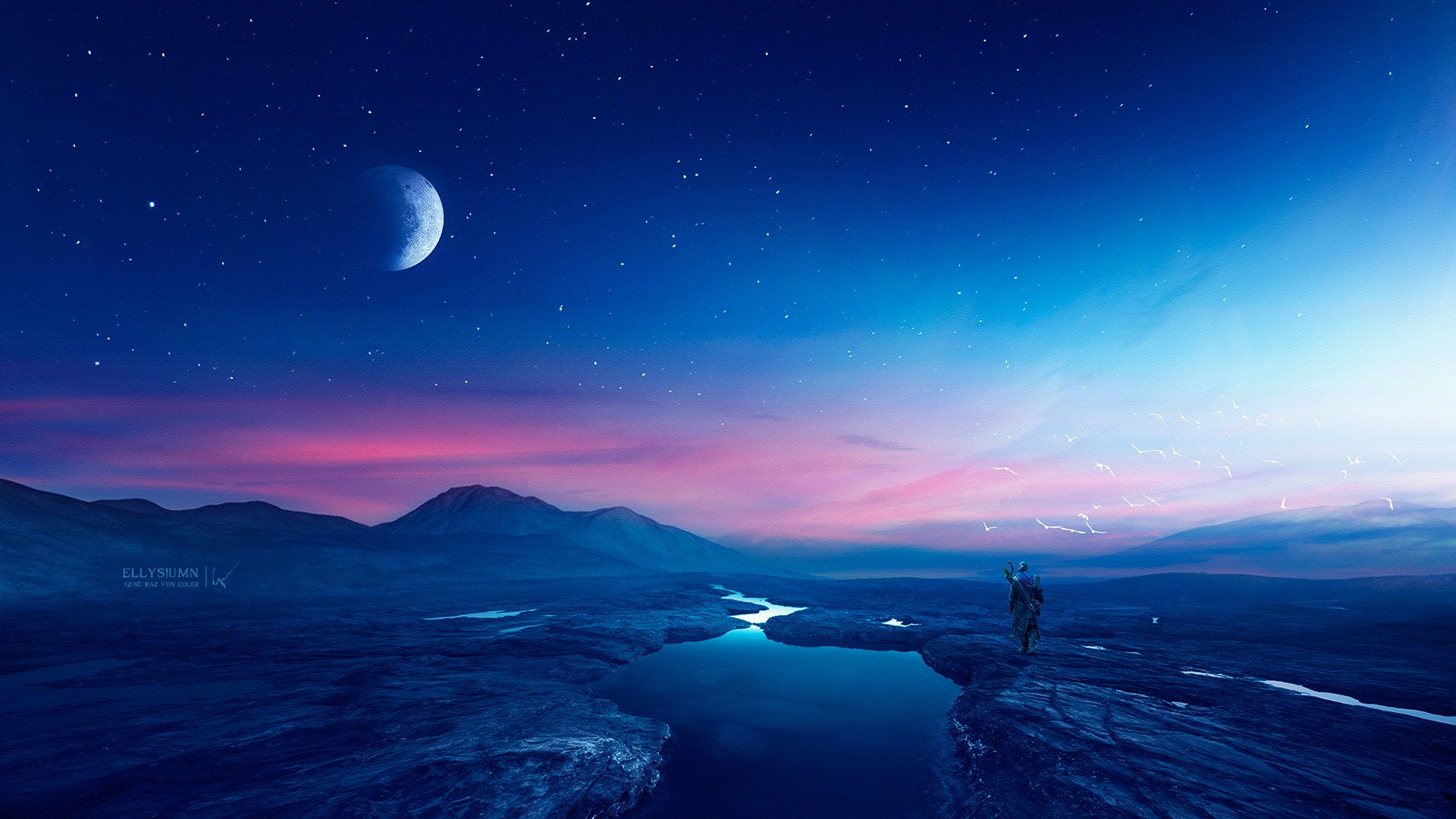 A stunning fantasy landscape features a serene river under a night sky, with a glowing crescent moon illuminating distant mountains, creating an enchanting HD desktop wallpaper.