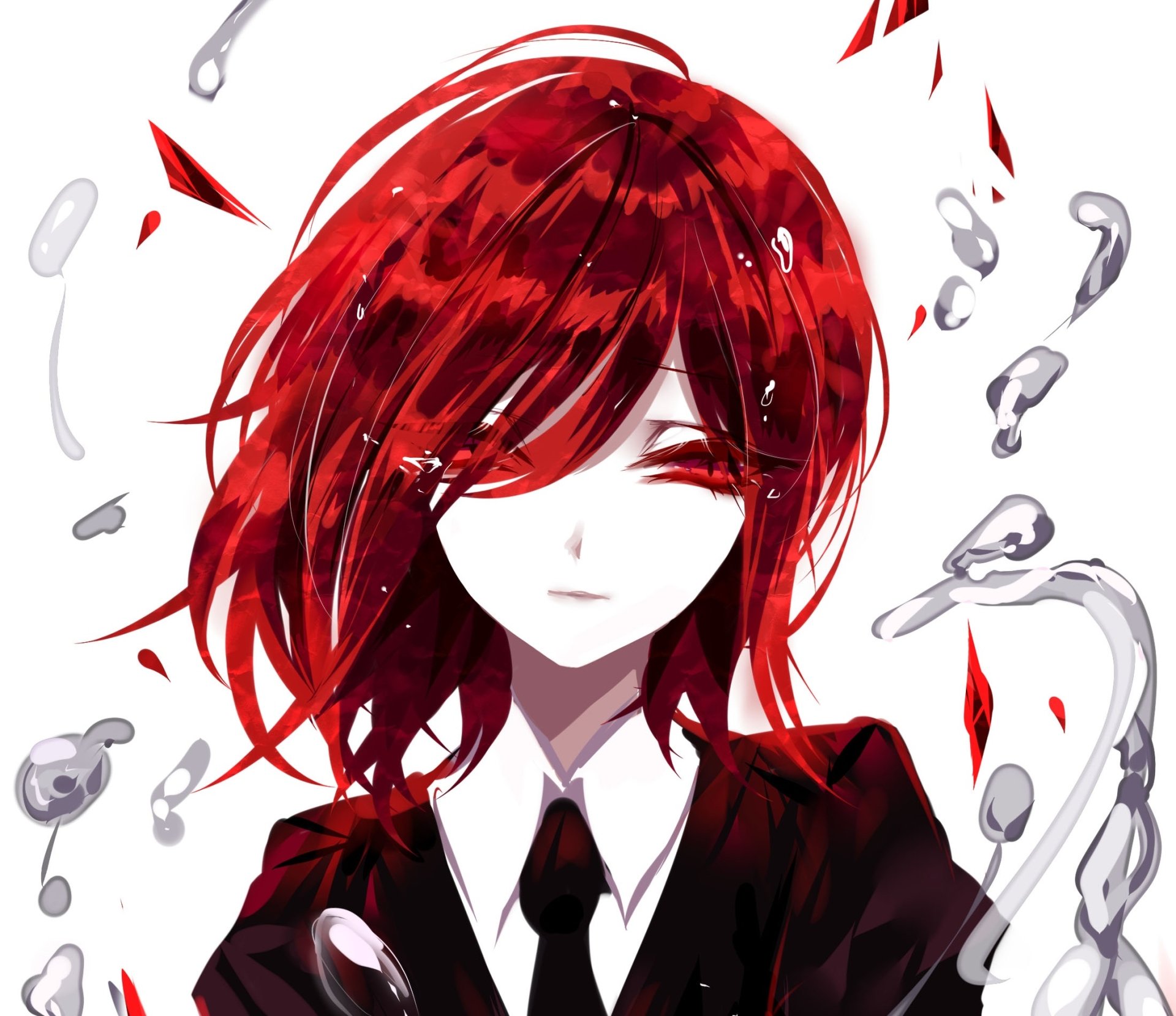HD PC desktop wallpaper of Cinnabar (Land of the Lustrous): anime portrait with flowing red hair, pale face, closed eyes and silver liquid droplets on a white background.