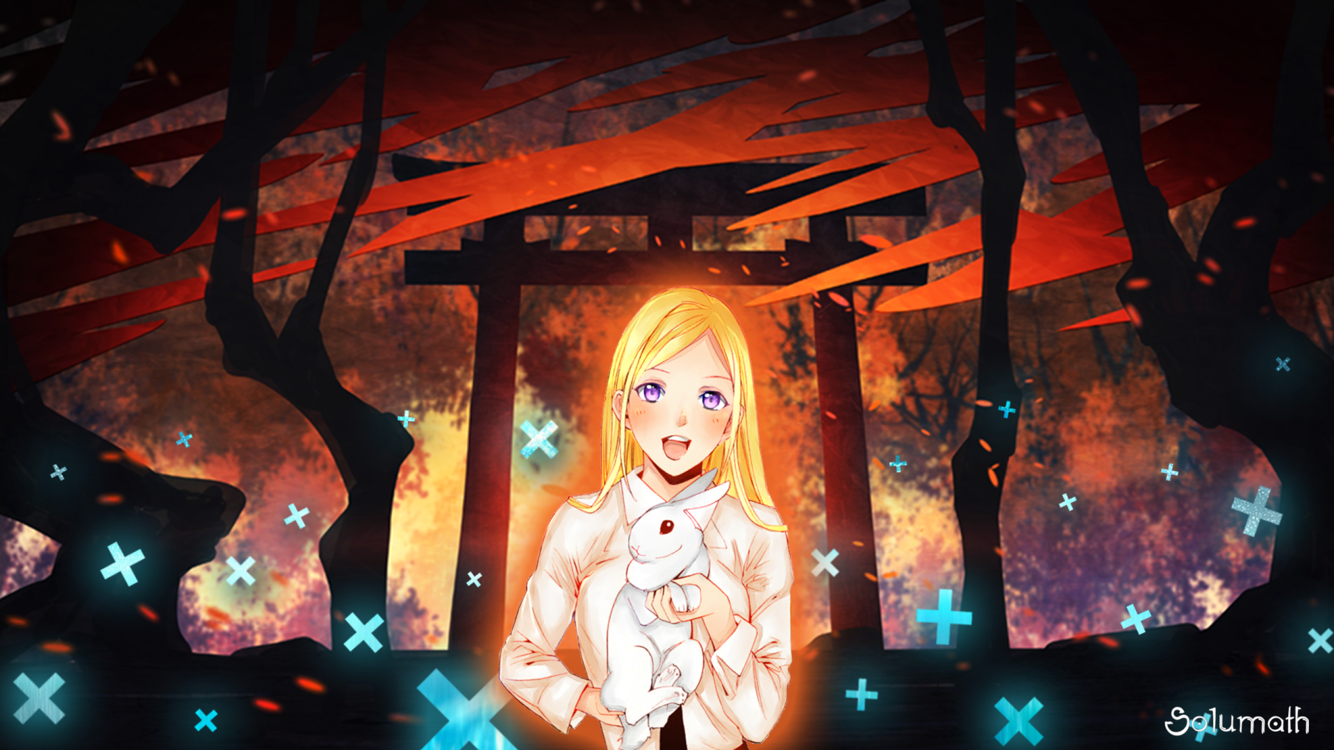 2K Quad HD PC desktop wallpaper/background: Bishamonten (Noragami), blonde, holding a white rabbit beneath a torii gate in a glowing anime forest.