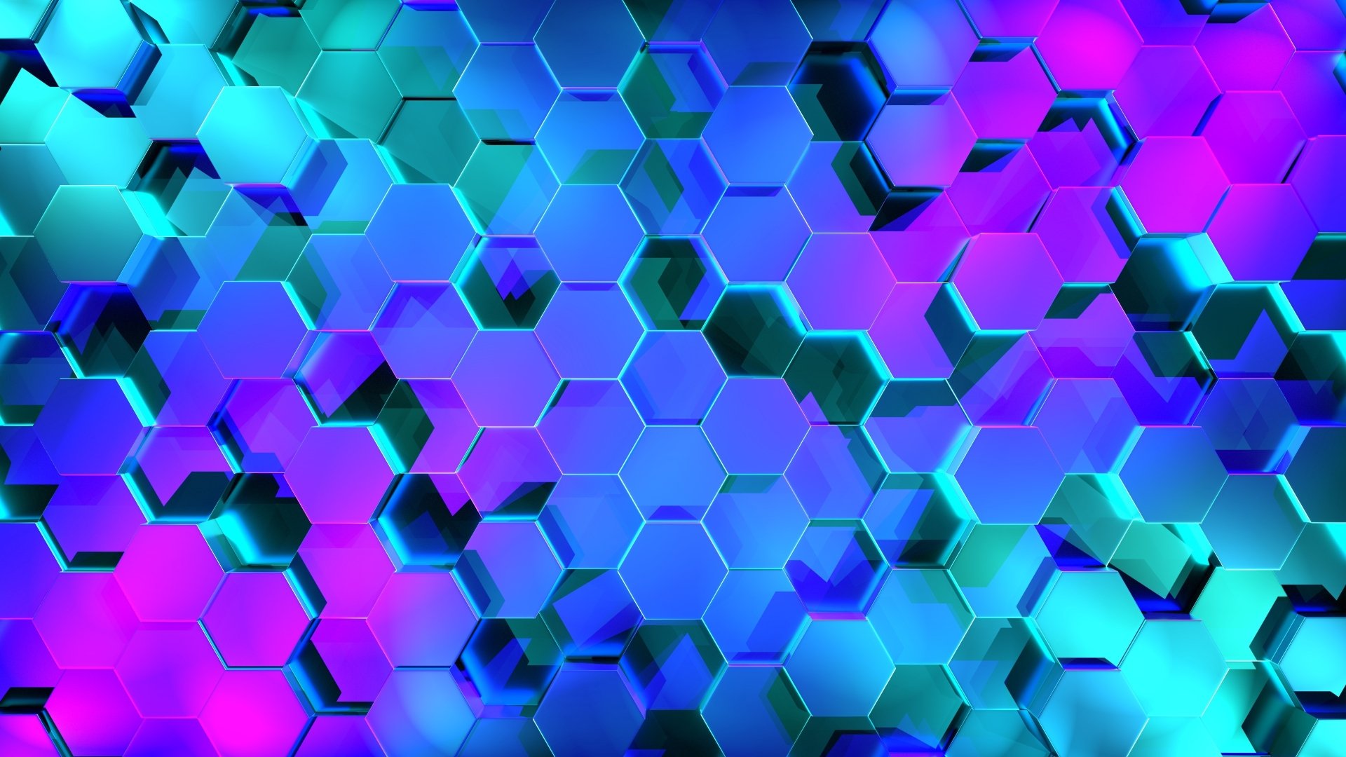 Abstract 4K Ultra HD desktop wallpaper featuring a geometric pattern of interlocking hexagons in vibrant shades of blue and purple.