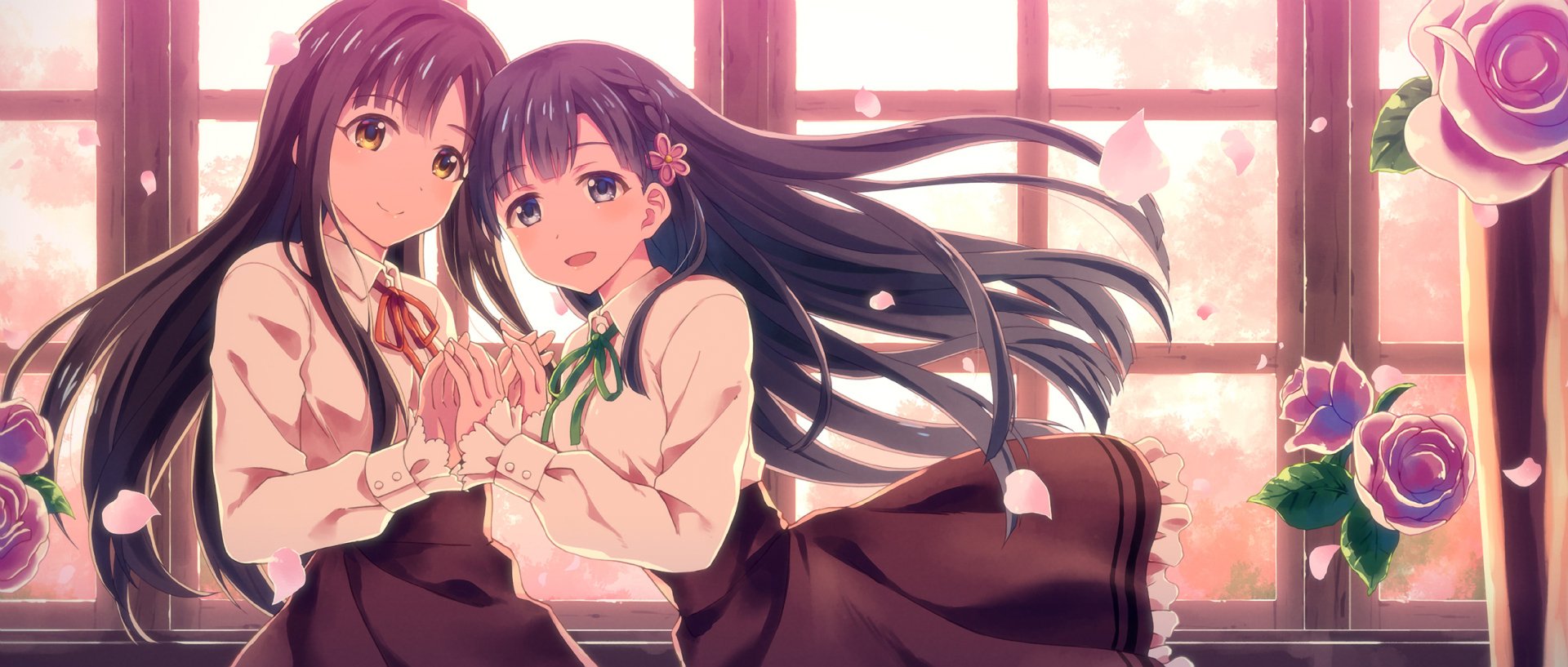 HD anime wallpaper featuring Yukari Mizumoto and Sae Kobayakawa from The iDOLM@STER Cinderella Girls, with soft lighting and cherry blossoms in the background.