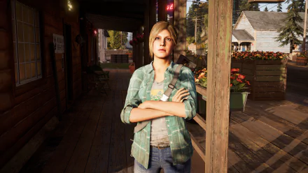 4K Ultra HD PC wallpaper featuring a character from the video game Far Cry 5 standing on a wooden porch with a rural background.