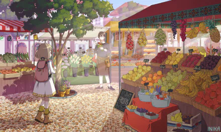 Anime-style HD desktop wallpaper featuring a market scene with colorful fruits and vegetables, a flower stall, and two characters with brown and short hair, smiling amidst the lively atmosphere.