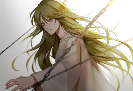 Enkidu (Fate/Grand Order) anime portrait: long flowing green hair, white robe, chains crossing the frame — 2K Quad HD PC desktop wallpaper/background