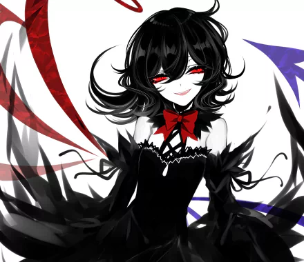 HD PC desktop wallpaper featuring Nue Houjuu from the anime series Touhou, with striking red eyes and flowing black hair against a bold, contrasting background.