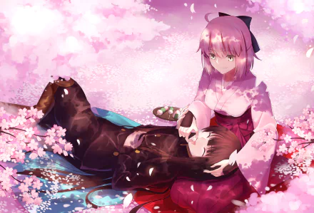 HD PC desktop anime wallpaper: Sakura Saber (Fate/Grand Order) cradles Demon Archer amid blooming cherry blossoms, petals drifting around them.