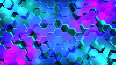 Abstract 4K Ultra HD desktop wallpaper featuring a geometric pattern of interlocking hexagons in vibrant shades of blue and purple.