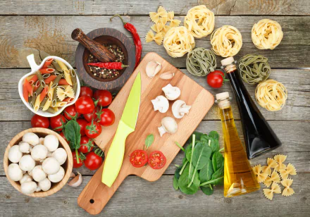 4K Ultra HD PC desktop wallpaper food still life: pasta nests, mushrooms, cherry tomatoes, herbs, olive oil and spices arranged on a rustic wooden board.