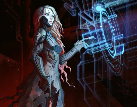 HD PC desktop wallpaper of a sci-fi cyborg woman with long hair operating a glowing holographic interface in a dark futuristic setting.