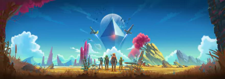 4K Ultra HD PC wallpaper featuring a spaceship and explorers from the video game No Man's Sky against a vibrant alien landscape under a large dome.