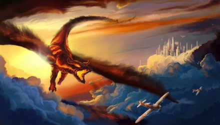 HD fantasy desktop wallpaper featuring a fiery dragon soaring through clouds at sunset, with a distant castle and a small airplane nearby.