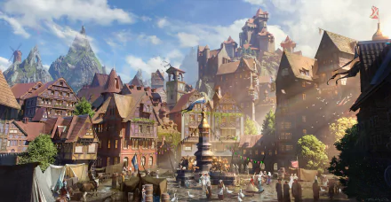 HD fantasy cityscape wallpaper showcasing a vibrant medieval town with detailed buildings, bustling market square, and a towering castle under a bright, partly cloudy sky.