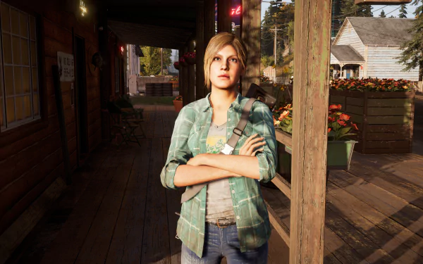 4K Ultra HD PC wallpaper featuring a character from the video game Far Cry 5 standing on a wooden porch with a rural background.