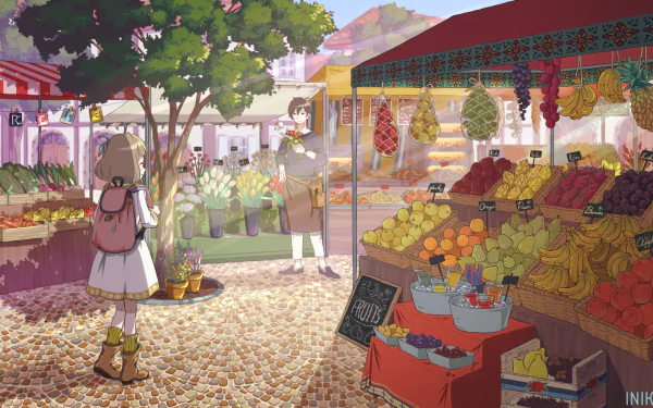 Anime-style HD desktop wallpaper featuring a market scene with colorful fruits and vegetables, a flower stall, and two characters with brown and short hair, smiling amidst the lively atmosphere.