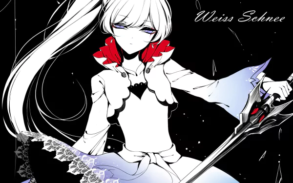 HD PC desktop wallpaper/background featuring Weiss Schnee from RWBY: anime-style portrait in black, white and red, long white hair and rapier against a dark, high-contrast backdrop.