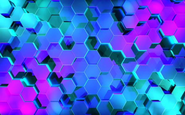 Abstract 4K Ultra HD desktop wallpaper featuring a geometric pattern of interlocking hexagons in vibrant shades of blue and purple.