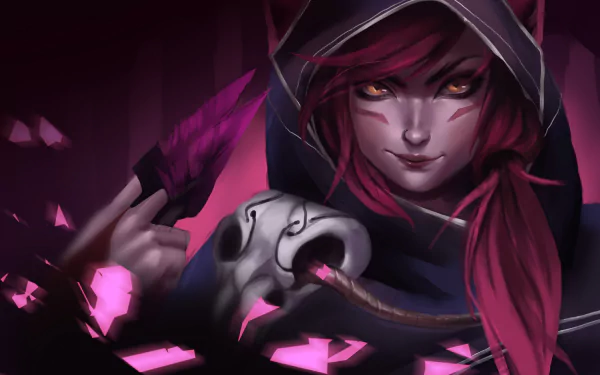 HD PC desktop wallpaper featuring Xayah from League of Legends, showcasing her intense gaze and vibrant purple feathers in a dark, dramatic setting.