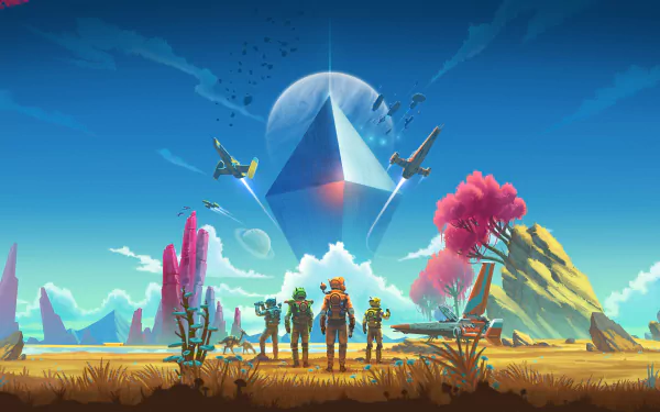 4K Ultra HD PC wallpaper featuring a spaceship and explorers from the video game No Man's Sky against a vibrant alien landscape under a large dome.