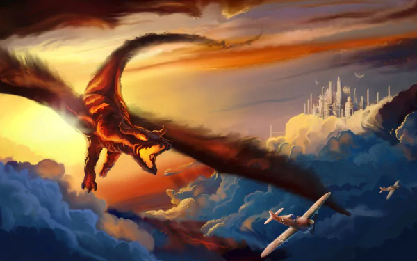 HD fantasy desktop wallpaper featuring a fiery dragon soaring through clouds at sunset, with a distant castle and a small airplane nearby.