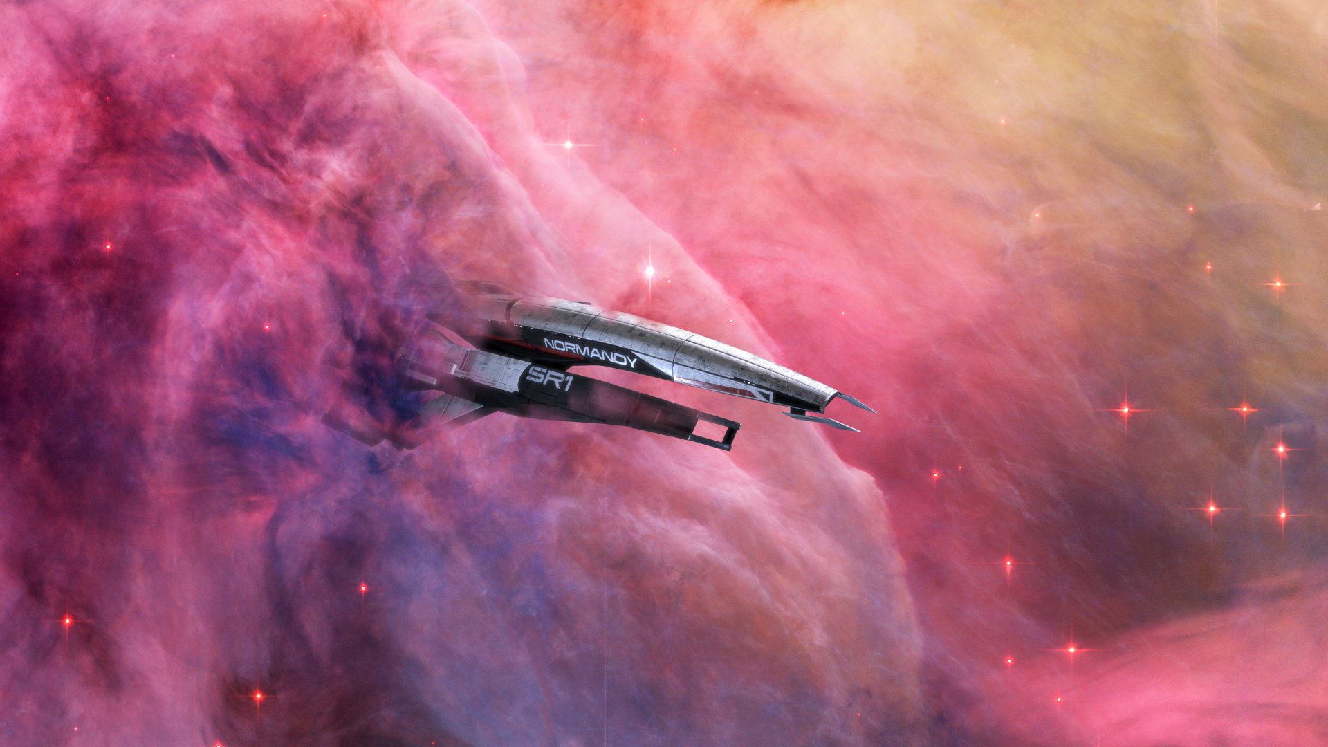 The Normandy SR-1 spaceship flies through a vibrant pink and orange nebula in this HD Mass Effect video game desktop wallpaper.