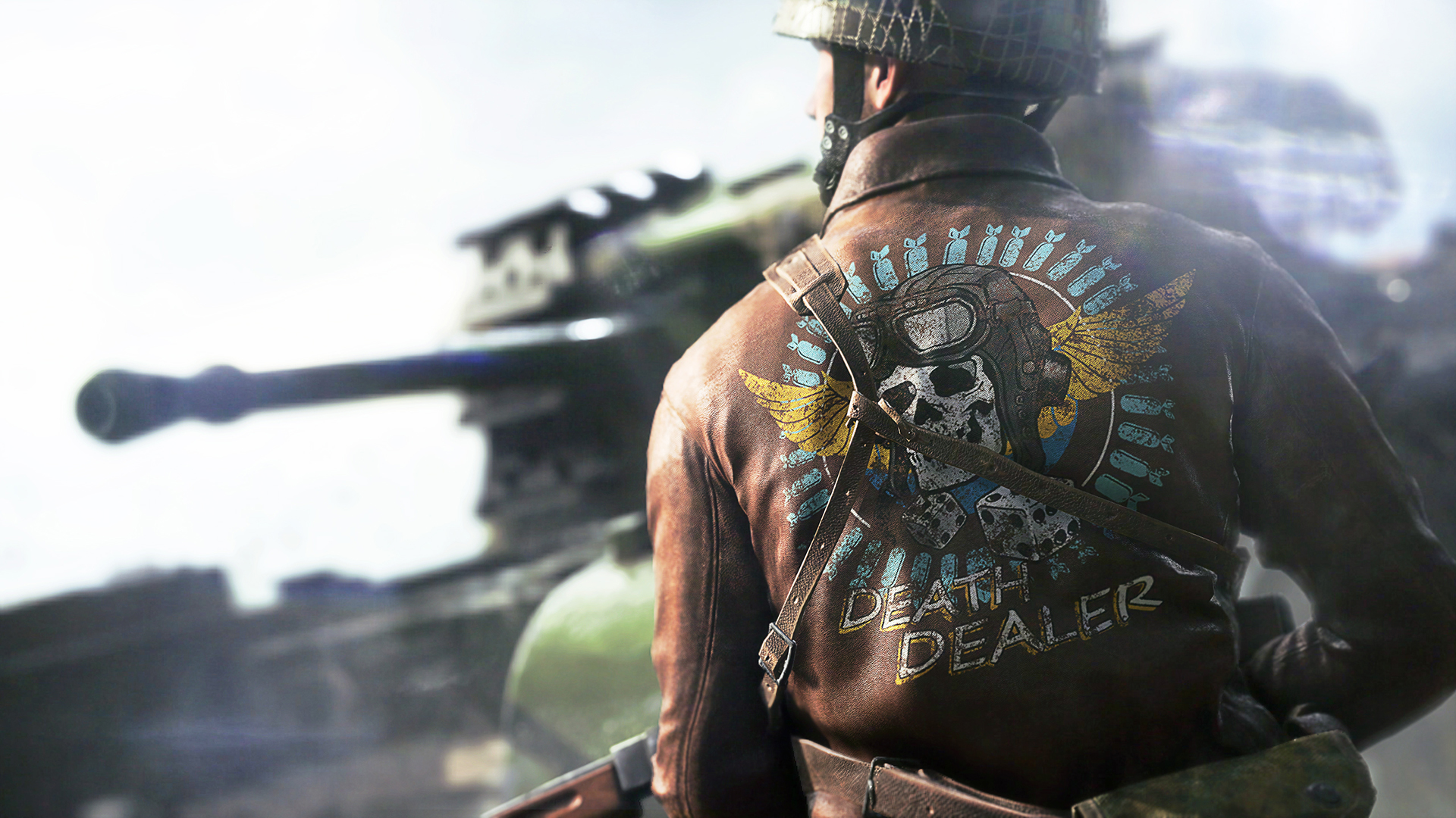 A soldier in a brown leather jacket with a skull emblem stands before a tank, capturing the gritty atmosphere of Battlefield V in this HD PC desktop wallpaper.