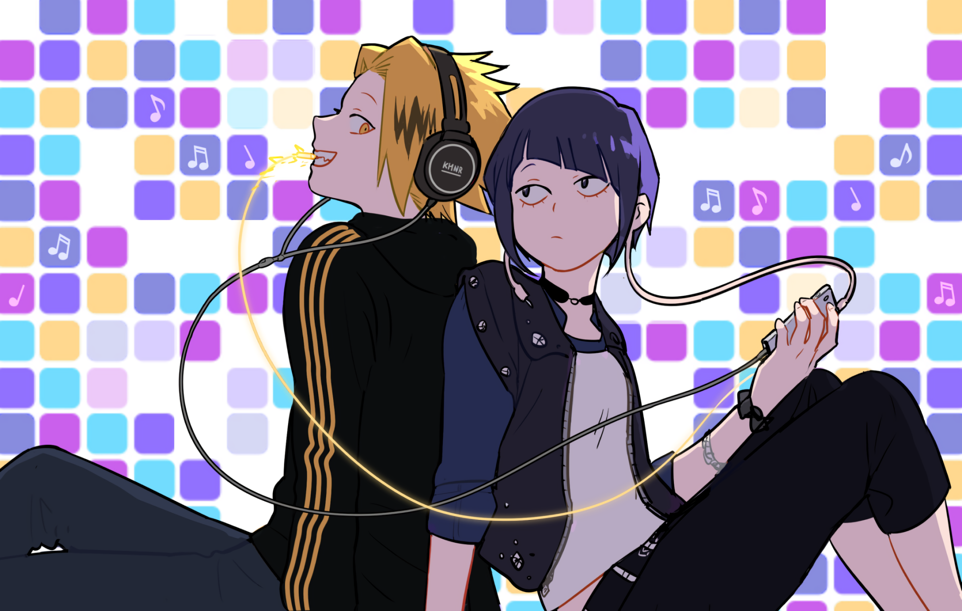HD desktop wallpaper featuring Kyōka Jirō and Denki Kaminari from the anime My Hero Academia, sitting back-to-back with headphones, set against a vibrant, colorful, square-patterned background.