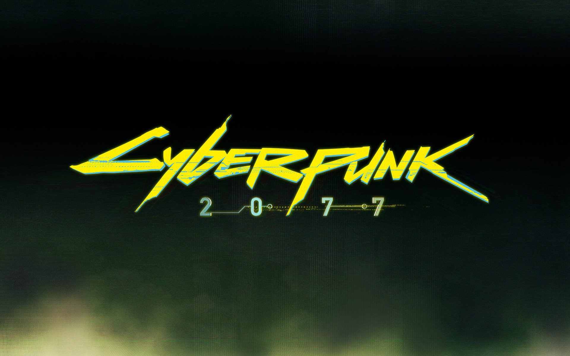 HD desktop wallpaper featuring the Cyberpunk 2077 logo in bold, neon yellow text against a dark background, showcasing the essence of the video game.