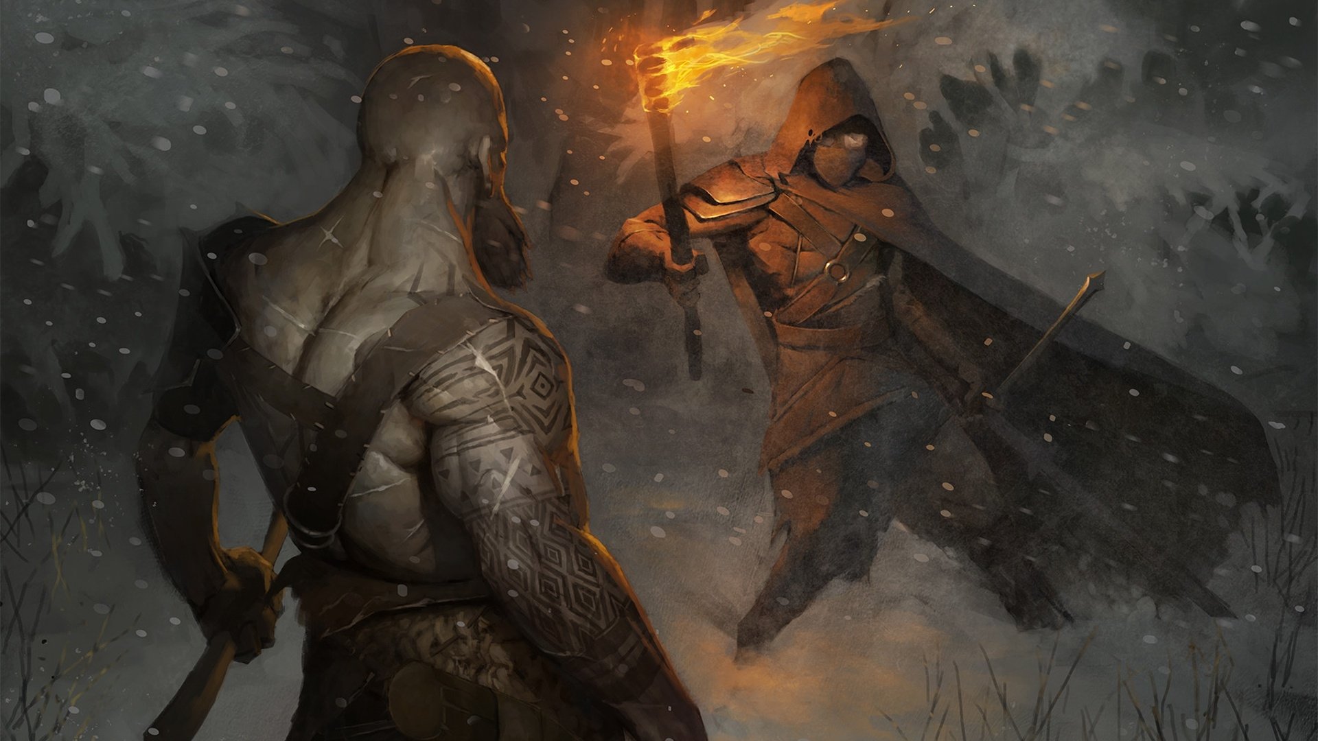 HD PC wallpaper: Kratos from the video game God of War (2018) holds a torch as he faces a hooded warrior on a snowy, windswept battlefield.