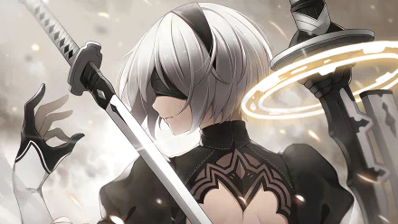 HD PC wallpaper featuring YoRHa No.2 Type B from the video game NieR: Automata, showcasing the character with swords and a glowing halo in a dynamic, detailed style.