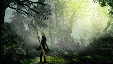 HD desktop wallpaper featuring YoRHa No.2 Type B from the video game NieR: Automata, standing in a lush, overgrown forest with sunlight filtering through the trees.