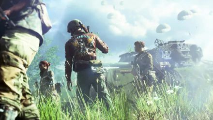 HD PC desktop wallpaper from the video game Battlefield V, showing soldiers advancing through tall grass with tanks and parachutes in a bright battlefield setting.