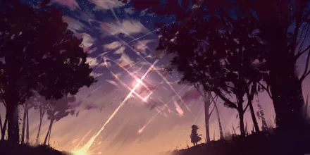 Beautiful anime scene of a meteor shower during sunset. The HD wallpaper features shooting stars streaking across a twilight sky, framed by dark trees and a silhouette of a person sitting under them.