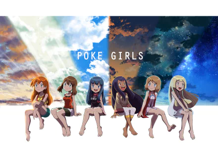 HD desktop wallpaper featuring six anime characters from Pokémon, all dressed in casual clothing, sitting against a backdrop of contrasting sky scenes. The text POKE GIRLS is displayed prominently.