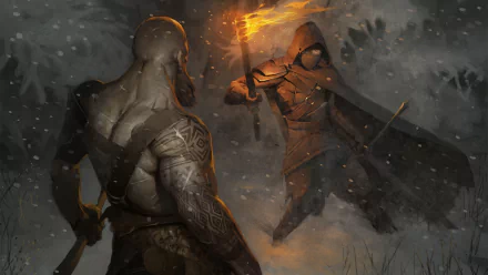 HD PC wallpaper: Kratos from the video game God of War (2018) holds a torch as he faces a hooded warrior on a snowy, windswept battlefield.