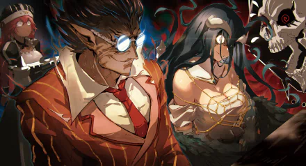 A high-definition desktop wallpaper featuring characters from the anime Overlord: Ainz Ooal Gown, Demiurge, Lupusregina Beta, and Albedo. The vibrant artwork showcases the unique design and dynamic energy of the characters.