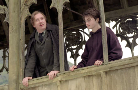 HD desktop wallpaper featuring Remus Lupin and Harry Potter from the movie Harry Potter and the Prisoner of Azkaban, set against a detailed Gothic architectural background.