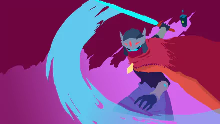 Hyper Light Drifter minimalist HD PC wallpaper: hooded warrior in red cloak slashes a glowing cyan sword arc across a magenta background — minimalist video game sword art.