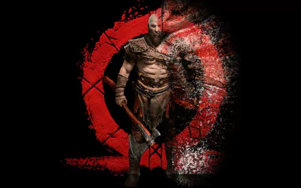 HD desktop wallpaper featuring Kratos from the video game God of War (2018) standing confidently with an axe, set against a black background with a red Omega symbol.