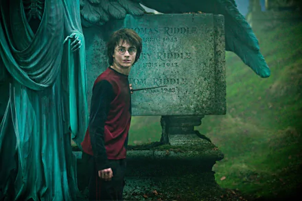 Daniel Radcliffe as Harry Potter in a scene from Harry Potter and the Goblet of Fire, standing near a tombstone in a dark, eerie graveyard setting.