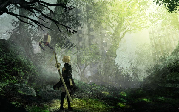 HD desktop wallpaper featuring YoRHa No.2 Type B from the video game NieR: Automata, standing in a lush, overgrown forest with sunlight filtering through the trees.
