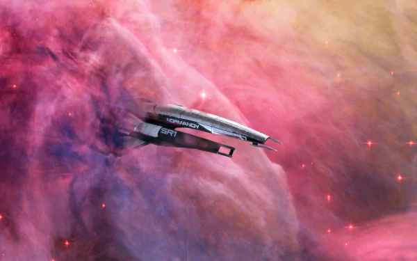 The Normandy SR-1 spaceship flies through a vibrant pink and orange nebula in this HD Mass Effect video game desktop wallpaper.