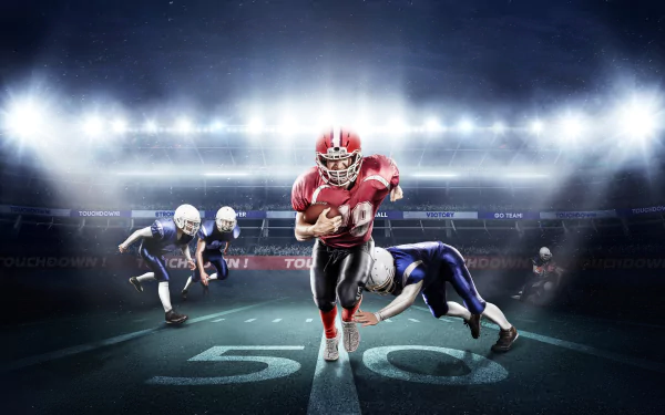 5K Ultra HD PC desktop wallpaper: football action in a stadium — a running back powers off the 50-yard line as defenders dive under bright stadium lights, sports energy captured.