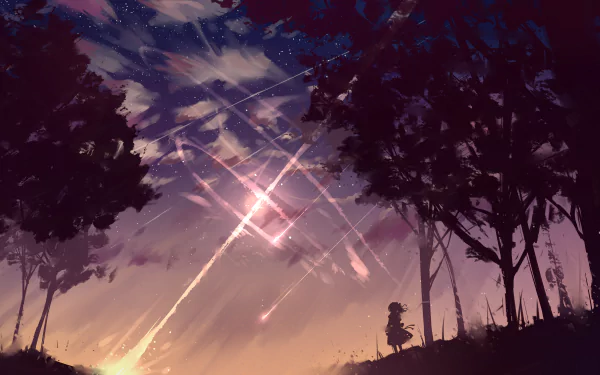 Beautiful anime scene of a meteor shower during sunset. The HD wallpaper features shooting stars streaking across a twilight sky, framed by dark trees and a silhouette of a person sitting under them.
