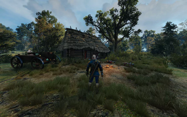 Geralt of Rivia stands in a grassy clearing before a thatched cottage, swords on his back — The Witcher 3: Wild Hunt 8K Ultra HD PC desktop wallpaper.