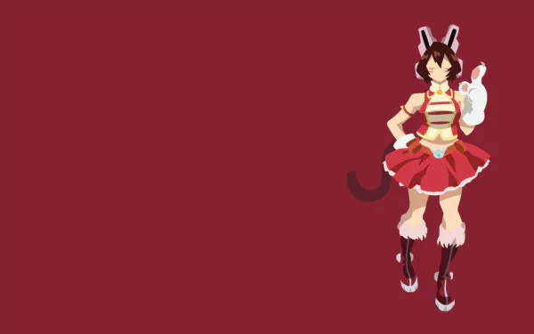 Minimalist HD anime wallpaper featuring Mandalay from Boku no Hero Academia with brown hair, headphones, gloves, tail, boots, and a red skirt on a solid maroon background.